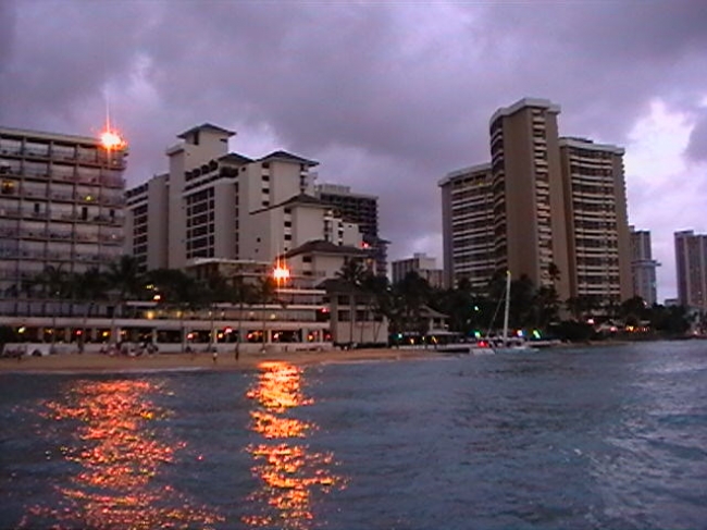 On the concrete catwalk at the Ourtigger Beach Hotel Hawaii, 360 pan 2: Outrigger Beach hotel, Halekulani Hotel, Sheraton Waikiki Hotel